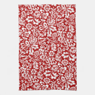 Linge De Cuisine William Morris Floral Damask, Deep Red et White