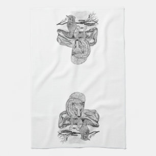 Linge De Cuisine Wolf and Raven black and white design