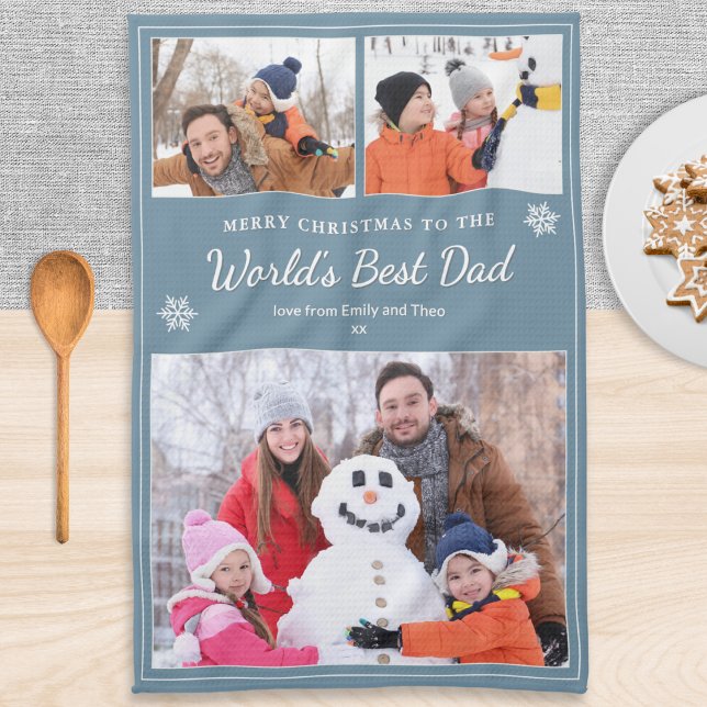 Linge De Cuisine World’s Best Dad 3 Photos Christmas Blue (A stylish gray kitchen tea towel for the 'World's Best Dad' at Christmas, with three custom photos)