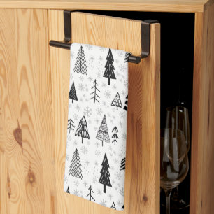 Linge De Cuisine Xmas Arbres et Snowflakes Motif noir et blanc