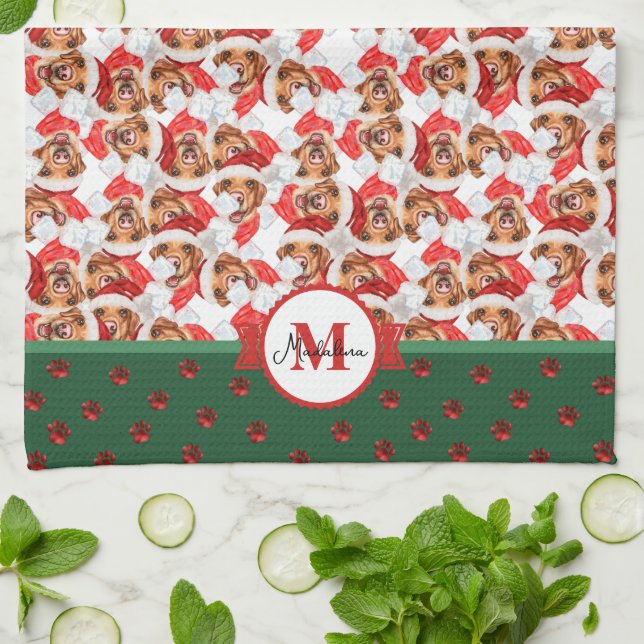Linge De Cuisine Yellow Labrador Motif Monogramme Chien de Noël (Plié)