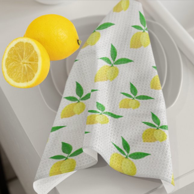 Linge De Cuisine Yellow Lemons Green Leaves White Background (Freshen up the kitchen with these cheerful lemons!)