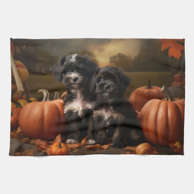 Linge De Cuisine Yorkipoo Chiot Automne Citrouille délice (Horizontal)