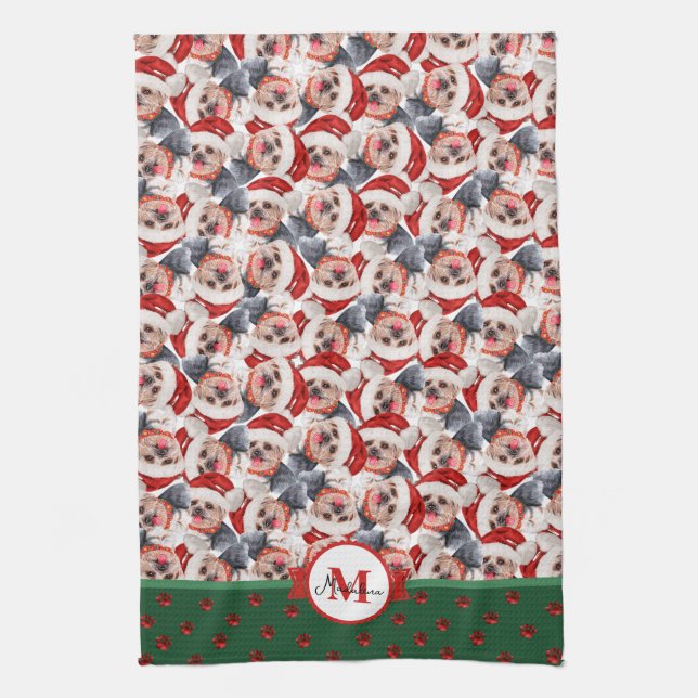 Linge De Cuisine Yorkshire Terrier Motif Monogram Chien de Noël (Vertical)
