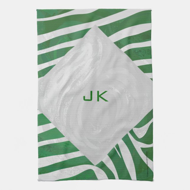 Linge De Cuisine Zebra Monogramme Vert et Blanc Impression (Vertical)
