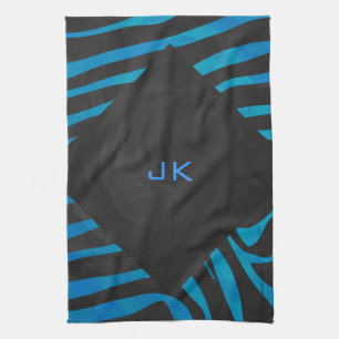 Linge De Cuisine Zèbre Noir et Bleu avec Monogramme