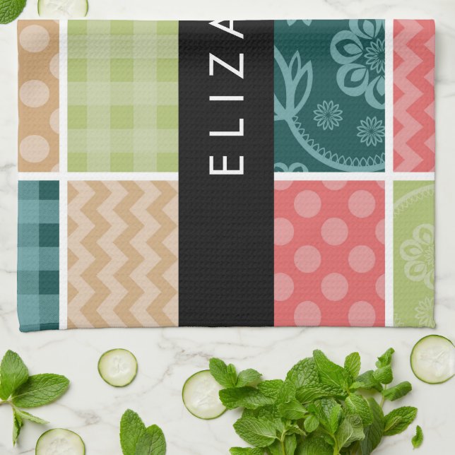 Linge De Cuisine Zigzag, Chevron, En vichy, Pois, Votre Nom (Plié)
