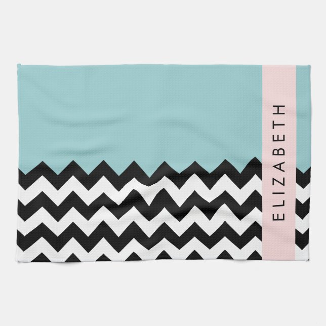 Linge De Cuisine Zigzag noir et blanc, Chevron, Bleu, Votre nom (Horizontal)