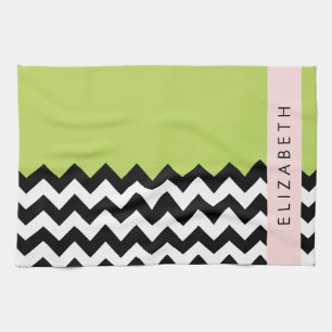 Linge De Cuisine Zigzag noir et blanc, Chevron, Vert, Votre nom