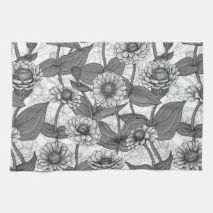 Linge De Cuisine Zinnias, monochrome sur blanc