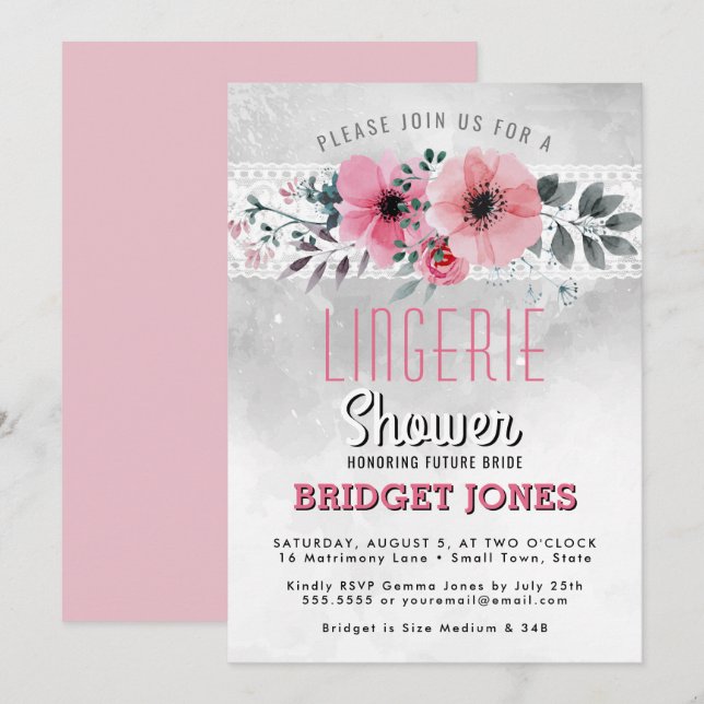 Lingerie Brautparty Pink Wasserfarben Blumenmoor Einladung (Vorne/Hinten)