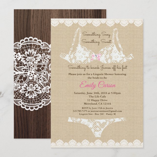 Lingerie douche bracelet dentelle invitation bois  (Devant / Derrière)