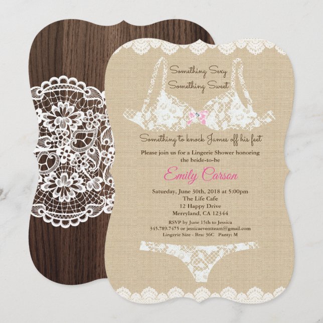 Lingerie douche burlap dentelle invitation bois ru (Devant / Derrière)