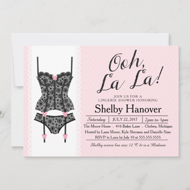 Lingerie Dusche einladen, Ooh La Black & Pink Lace Einladung (Vorderseite)