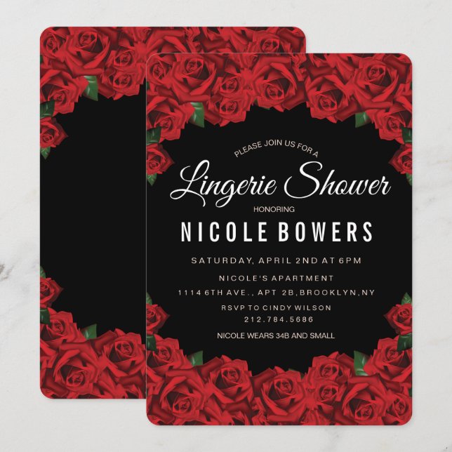 Lingerie Dusche Romantische Rote Rosen Einladung (Vorne/Hinten)