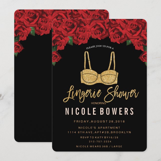 Lingerie Dusche Rote Rosen Glitzer Einladung (Vorne/Hinten)