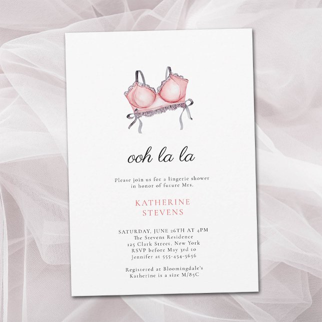 Lingerie Party Ooh La Ribbons Brautparty Einladung (lingerie shower bridal invite pink ribbons lace bra modern minimalist elegant classy watercolor chic)