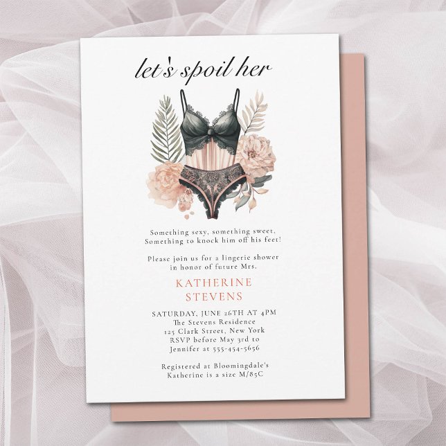 Lingerie Party Vintag Rosa Brautparty Einladung (lingerie shower bridal invitation floral foliage vintage pink watercolor lets spoil her elegant chic)