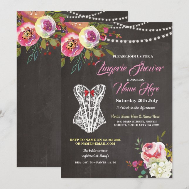 Lingerie Shower Chalk Corset Fleurs Invitation ros (Devant / Derrière)