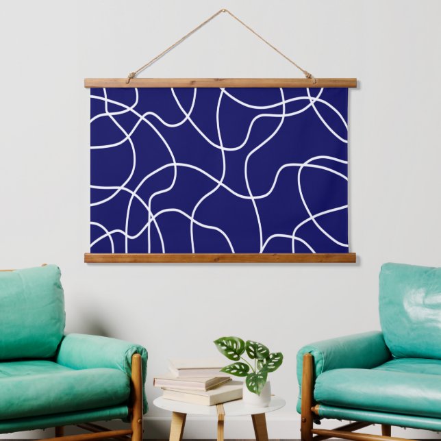 Linie Art: Weiß auf dunkelblau Wandteppich Mit Holzrahmen (Wohnzimmer)