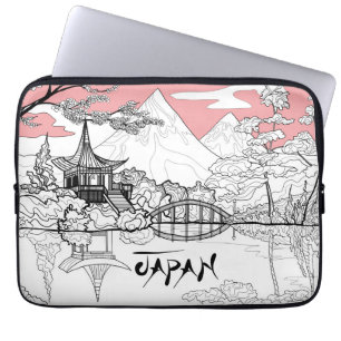 Liniengemälde des japanischen Tempel-Seeberges Laptopschutzhülle