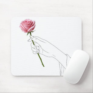 Linienkunst Hand hält eine rosa Rose Mousepad