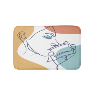 Linienkunst-Zeichnung Poster einer Frau, die Kaffe Badematte