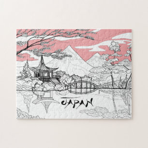Linienmalerei des japanischen Tempel-Seeberges