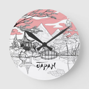 Linienmalerei des japanischen Tempelsees Runde Wanduhr