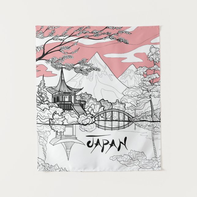 Linienmalerei des japanischen Tempelsees Wandteppich (Vorderseite)