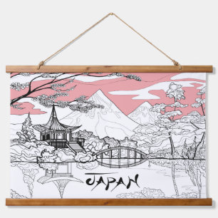 Linienmalerei des japanischen Tempelsees Wandteppich Mit Holzrahmen