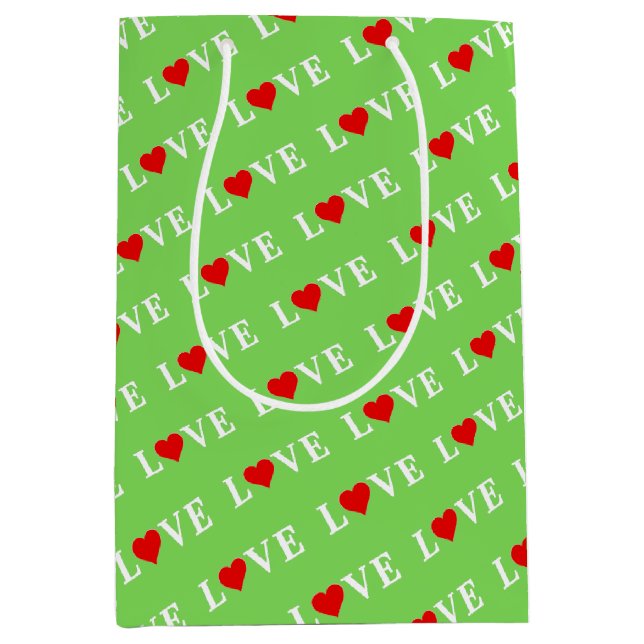 Linke grüne LIEBE Moderner Chic Mittlere Geschenktüte (Vorderseite)