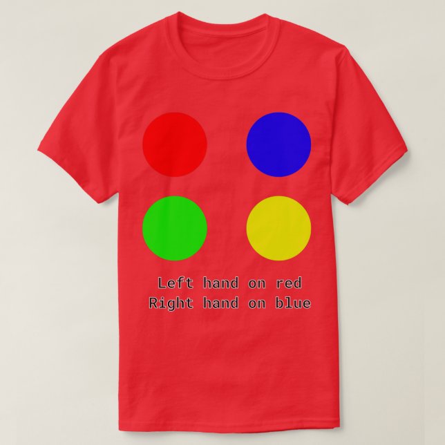 Links Hand in rot Rechts auf blauem Twister-Design T-Shirt (Design vorne)