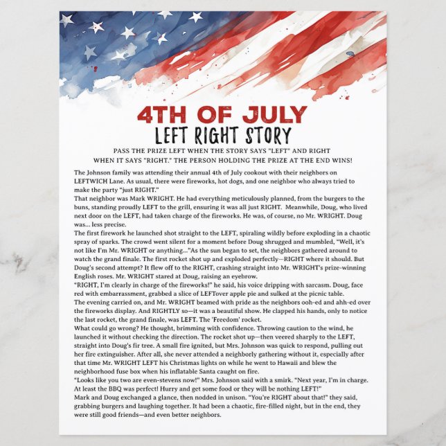 Links rechte Story 4. Juli Party Game (Vorderseite)