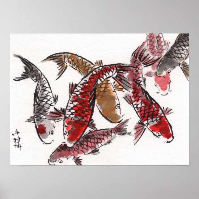 LinLi Chinesische Aquarellkunst Print - KOI Fisch  Poster (Vorne)