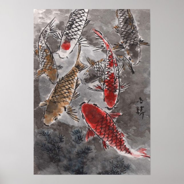 LinLi Chinesische Aquarellkunst Print - KOI Fisch  Poster (Vorne)