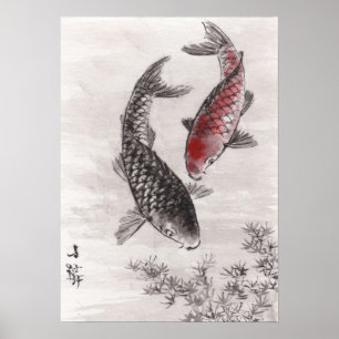 LinLi Chinesische Aquarellkunst Print - KOI Fisch  Poster