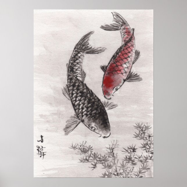 LinLi Chinesische Aquarellkunst Print - KOI Fisch  Poster (Vorne)
