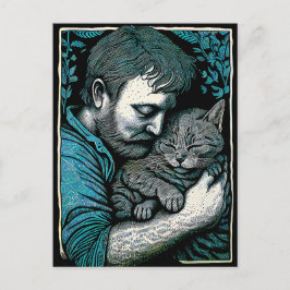 Linocut Bearded Man hält eine Katze Postkarte