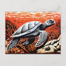 Linocut einer Schildkröte, die durch ein Korallenr