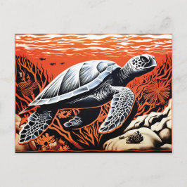 Linocut einer Schildkröte, die durch ein Korallenr Postkarte