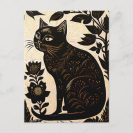 Linocut einer schwarzen Katze unter Blume Postkarte