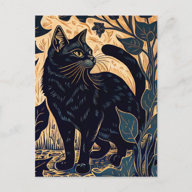 Linocut einer schwarzen Katze Unter Pflanze mit ge Postkarte (Vorderseite)