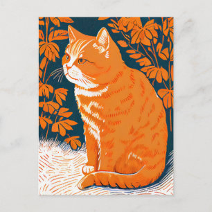 Linocut eines Roten Katzes unter den Gräsern Postkarte
