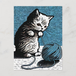 Linocut Kitten Spielen mit einem Ball aus Garn Postkarte