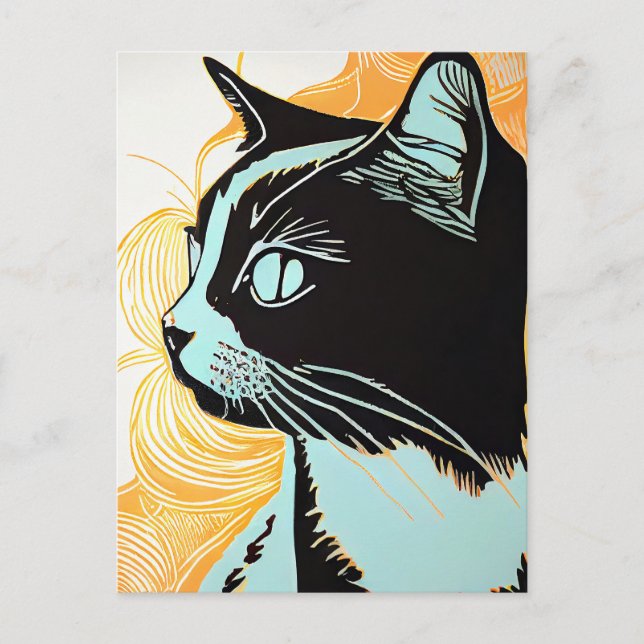 Linocut-Portrait einer Katze im Profil Postkarte (Vorderseite)