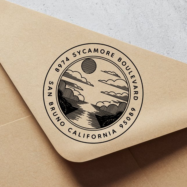 Linocut Style Landscape Return Address Stamp Permastempel (Von Creator hochgeladen)