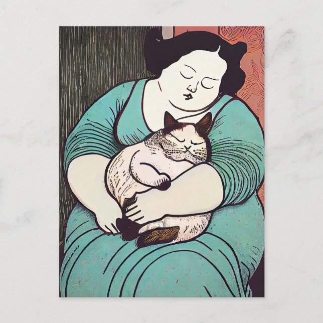 Linocut Voluptuous Frauen halten eine Katze Postkarte (Vorderseite)
