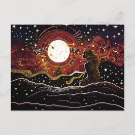 Linocut von Meerjungfrau am Mond in der Welle Postkarte