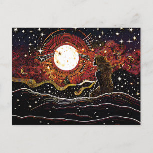 Linocut von Meerjungfrau am Mond in der Welle Postkarte